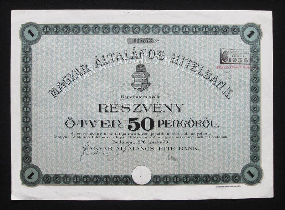 Magyar Általános Hitelbank részvény 50 pengõ 1926